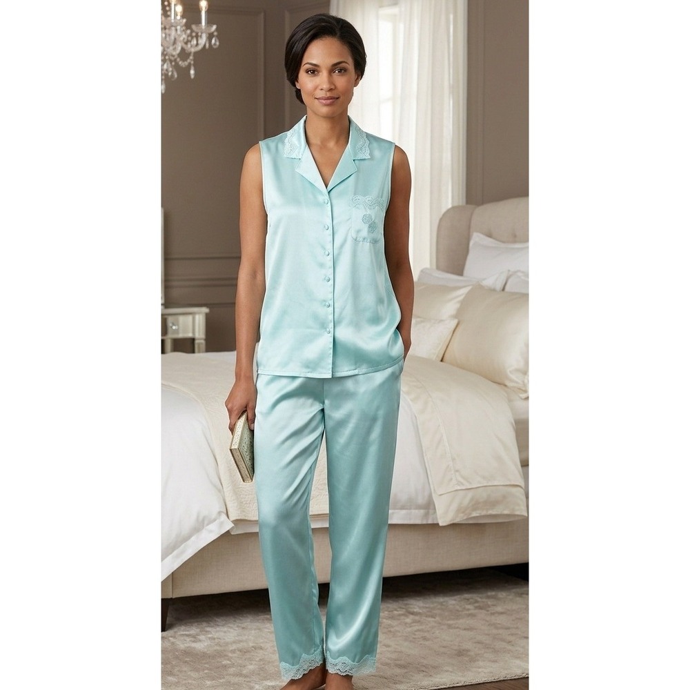 Enchanting Satin Lace Trim Sleeveless Pajama Set Size 2X Aqua Blue Comfy Lounge